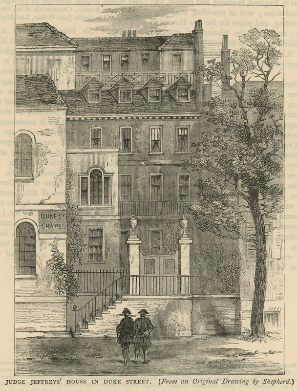 Dommer Jeffreys hus i Duke Street, London av English School