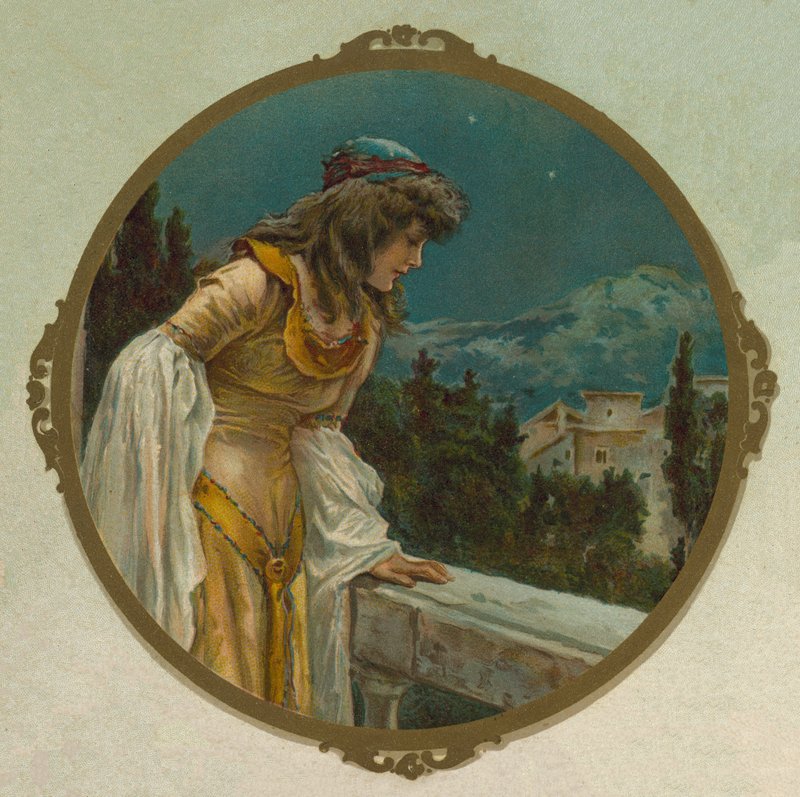 Juliet på balkongen hennes, scene fra Shakespeares Romeo og Julie (chromolitho) av English School