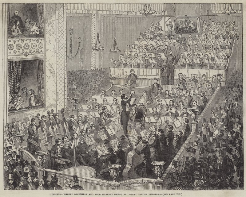 Julliens konsertorkester og fire militære band, på Covent Garden Theatre (gravering) av English School