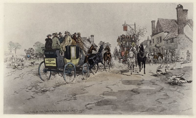 Junction of the Two Roads at Hand Cross (farge litho) av English School