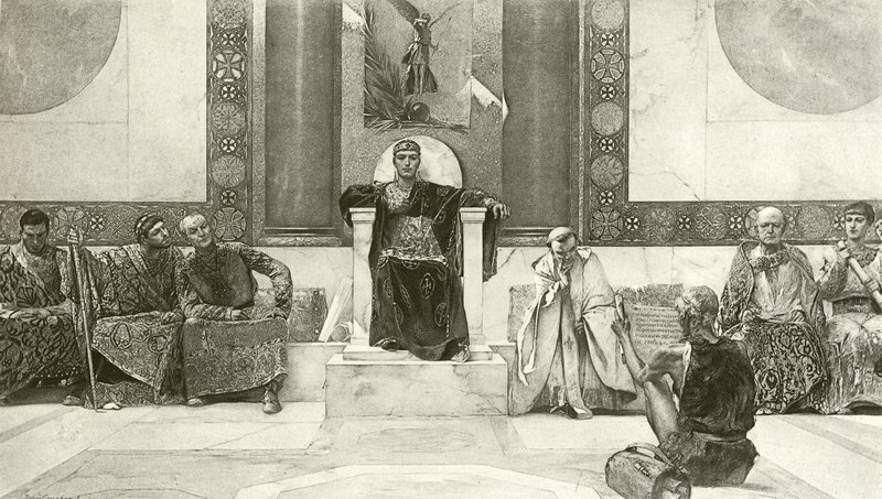 Justinian og hans råd (gravyr) av English School