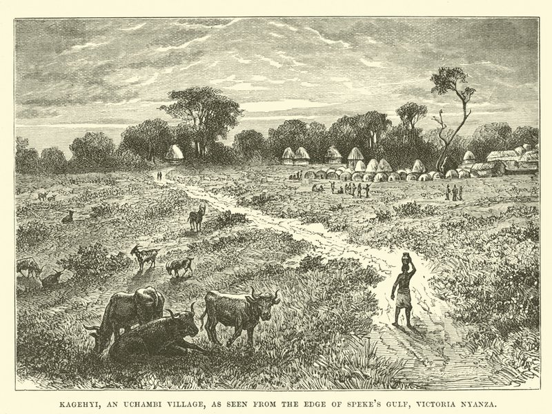 Kagehyi, en Uchambi Village, sett fra kanten av Spekes Gulf, Victoria Nyanza av English School