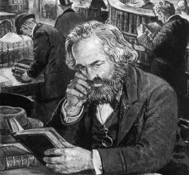 Karl Marx studerer og skriver på lesesalen til British Museum av English School