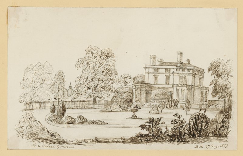 Kensington Palace Gardens; datert 27. august 1857 (blekk på papir) av English School