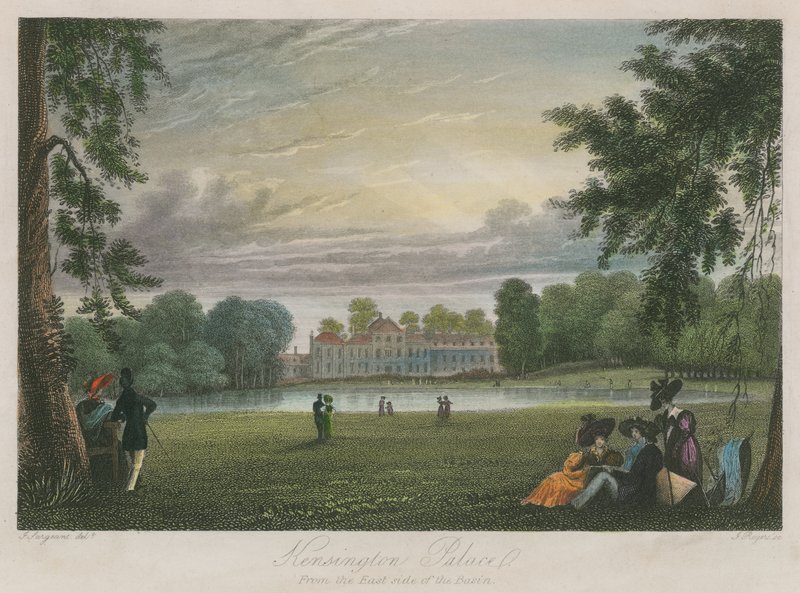 Kensington Palace, London, fra østsiden av bassenget av English School