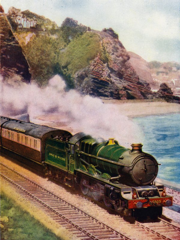 King Charles II, Great Western Railway (GWR) King klasse 4-6-0 damplokomotiv, som frakter den Cornish Riviera-ekspressen langs kysten mellom Dawlish og Teignmouth, Devon (farge litho) av English School