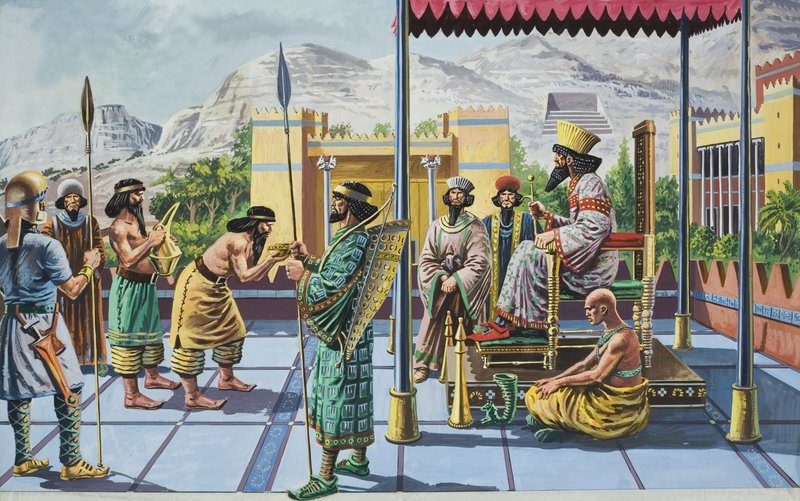 Kong Darius I (ca. 550–486 f.Kr.) mottar gaver i et av palassene sine (gouache på papir) av English School