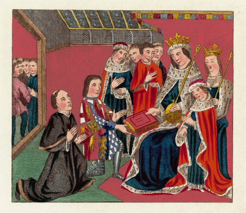 Kong Edward IV, hans dronning og sønn (farget gravering) av English School