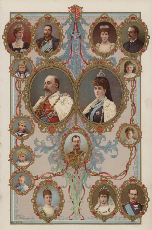 Kong Edward VII, dronning Alexandra og deres barn og barnebarn (farge litho) av English School