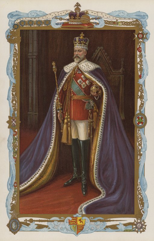 Kong Edward VII i kroningskapper (fargelitografi) av English School