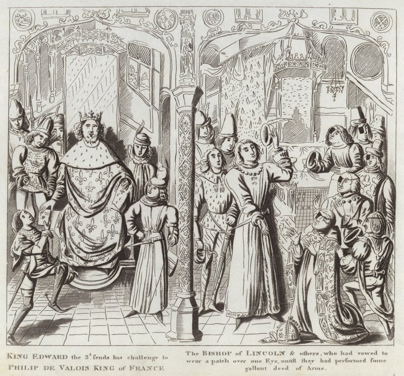 Kong Edward den 3. sender sin utfordring til Philip de Valois, kongen av Frankrike, biskopen av Lincoln og andre, som hadde sverget å bære en lapp over det ene øyet, inntil de hadde utført en galunt gjerning av A av English School