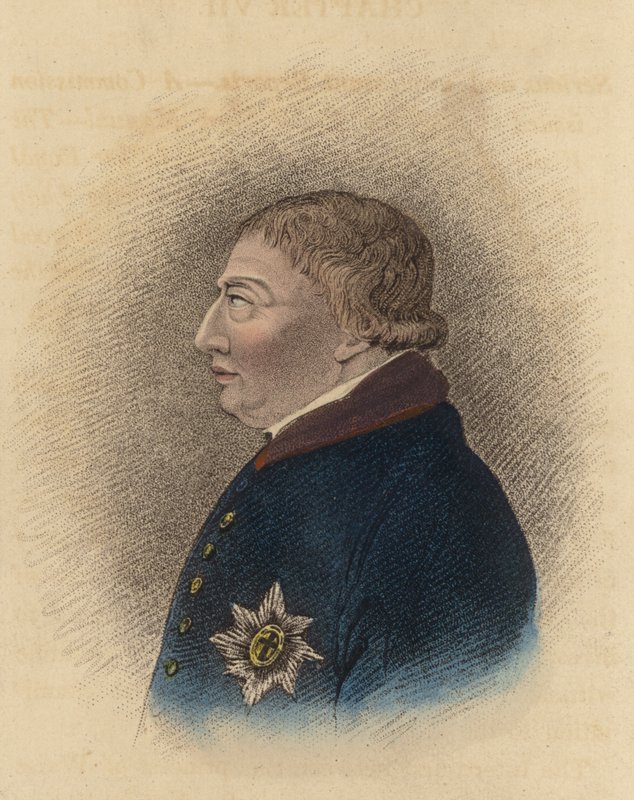 Kong George III, fra en skisse tatt i Windsor under hans sykdom (farget gravering) av English School