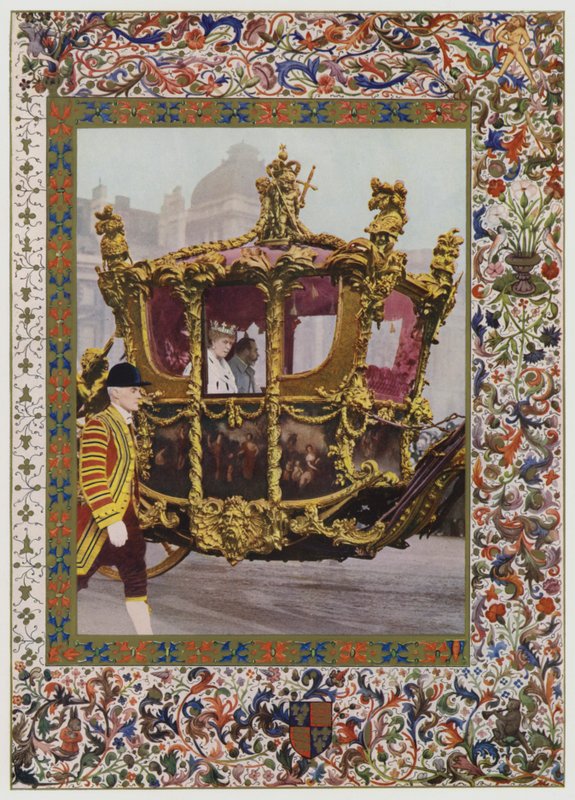 Kong George V og Queen Mary sykler i statsbussen (farge litho) av English School