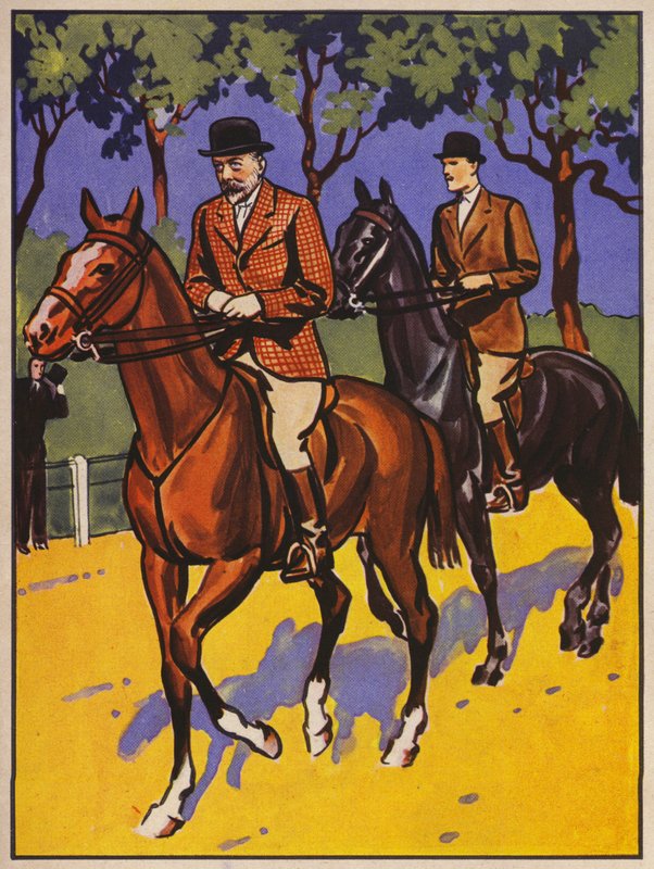 Kong George V rir på Rotten Row, Hyde Park, London (farge litho) av English School