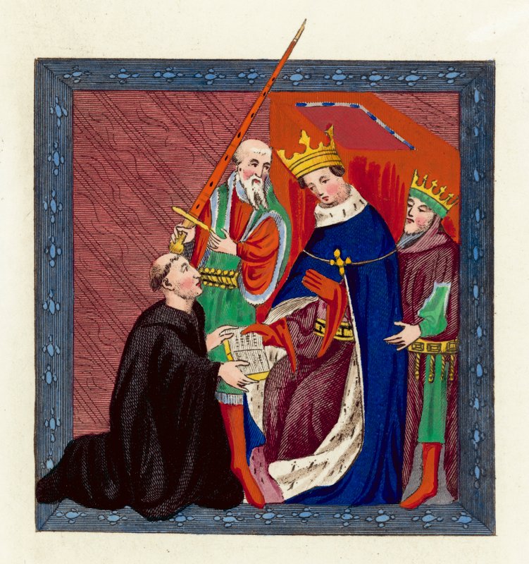 Kong Henry VI og John Lydgate (farget gravering) av English School