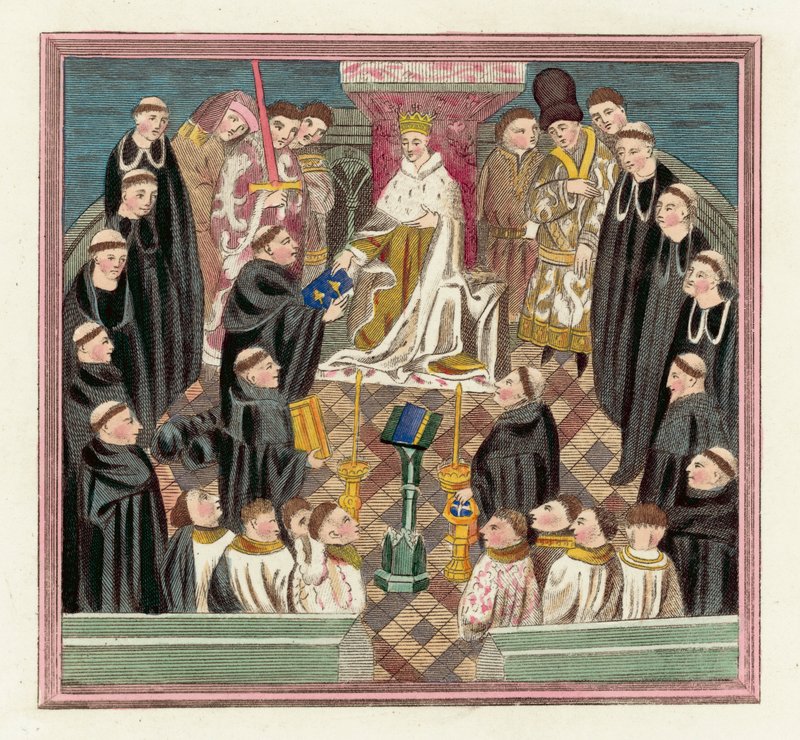 Kong Henry VI og hans parlament i Bury (farget gravering) av English School