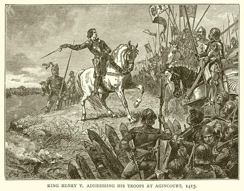 Kong Henry V henvendte seg til troppene sine ved Agincourt, 1415 av English School