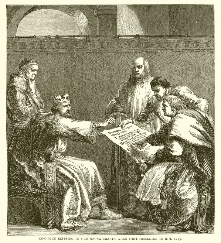 Kong John nektet å tegne Magna Charta da han først ble presentert for ham, 1215 av English School