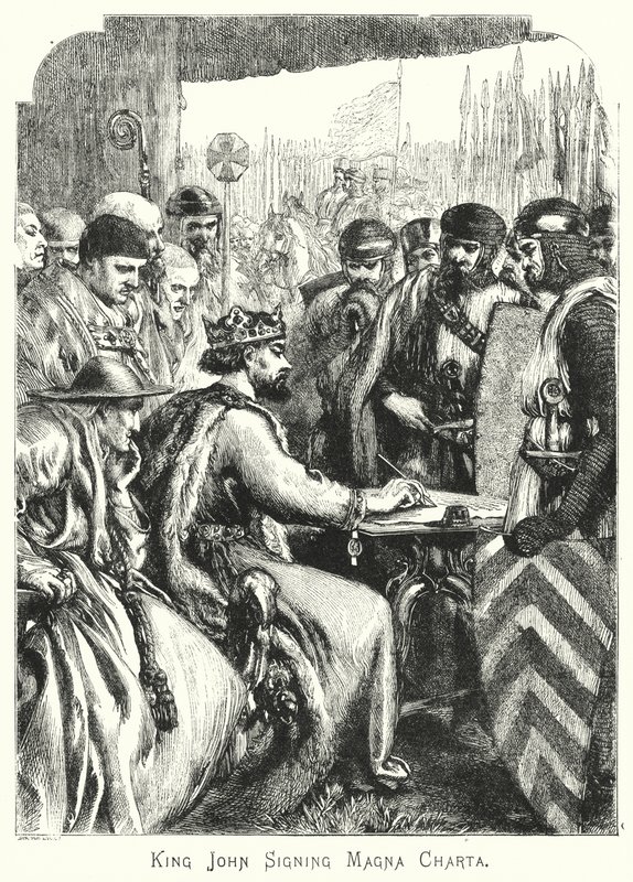 Kong John signerer Magna Charta (gravering) av English School