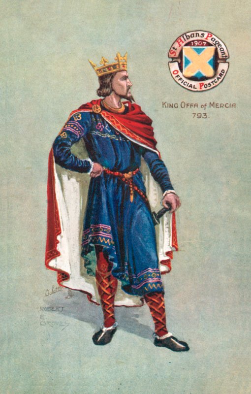 Kong Offa av Mercia 793, St Albans Pageant 1907 (farge litho) av English School