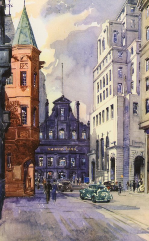 King Street, Manchester, byens finanssenter (farge litho) av English School