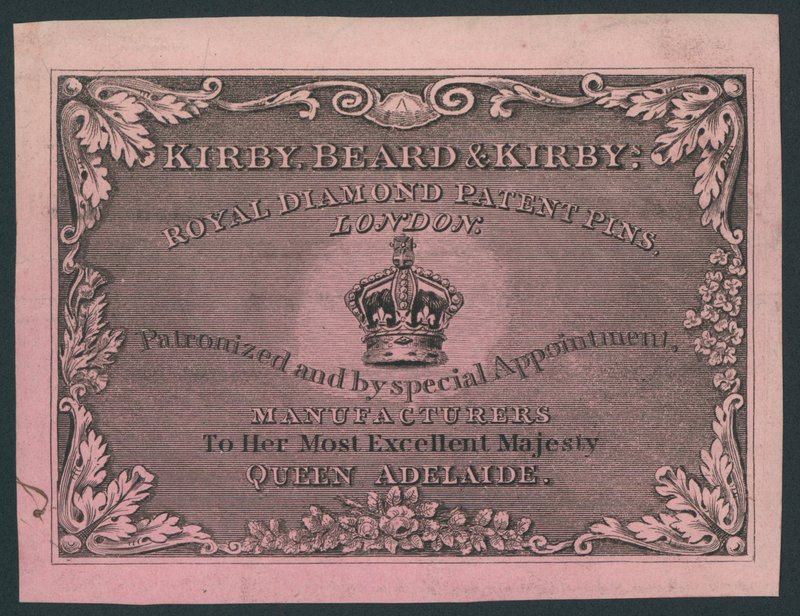 Kirby, Beard and Kirby, Royal Diamond Patent Pins, handelskort av English School
