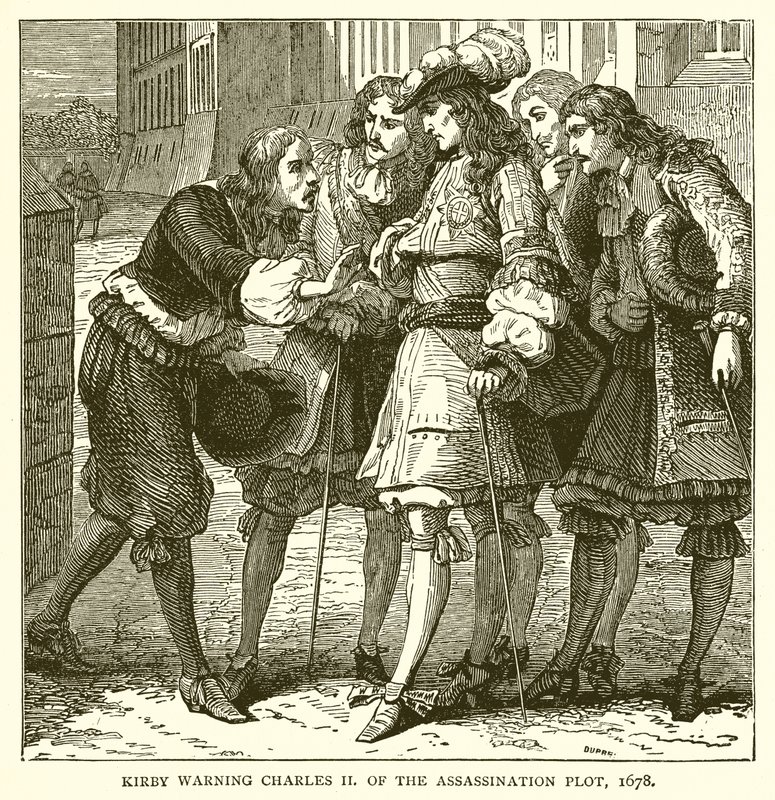 Kirby advarte Charles II om attentatplanen, 1678 av English School
