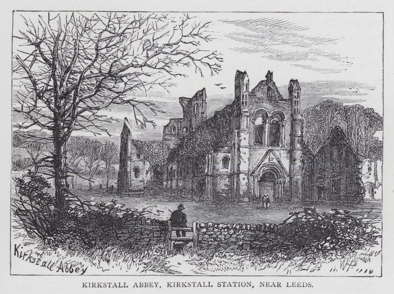 Kirkstall Abbey, Kirkstall Station, nær Leeds (gravering) av English School