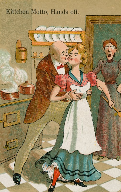 Kjøkkenpike blir misbrukt (farge litho) av English School