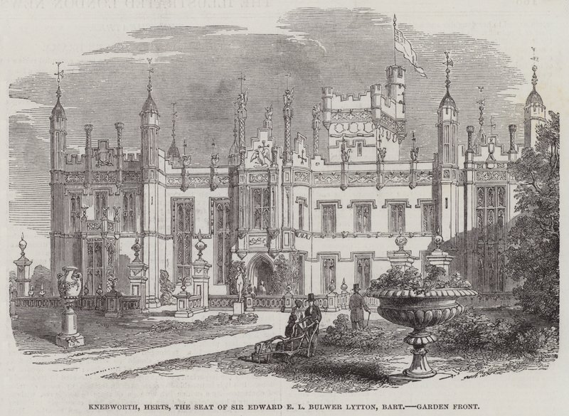 Knebworth, Herts, setet til Sir Edward E L Bulwer Lytton, Baronet, Garden Front (gravering) av English School