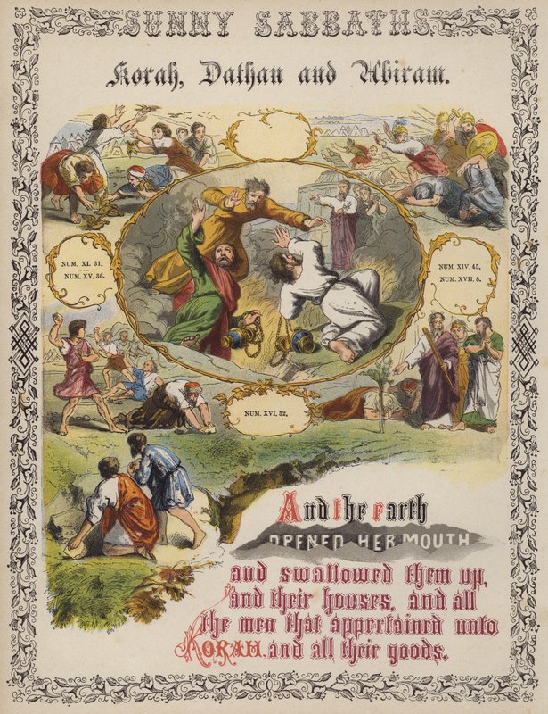 Korah, Datan og Abiram (farget gravering) av English School