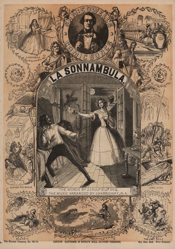 La Sonnambula, en av Sam Cowells tegneseriesanger (farge litho) av English School