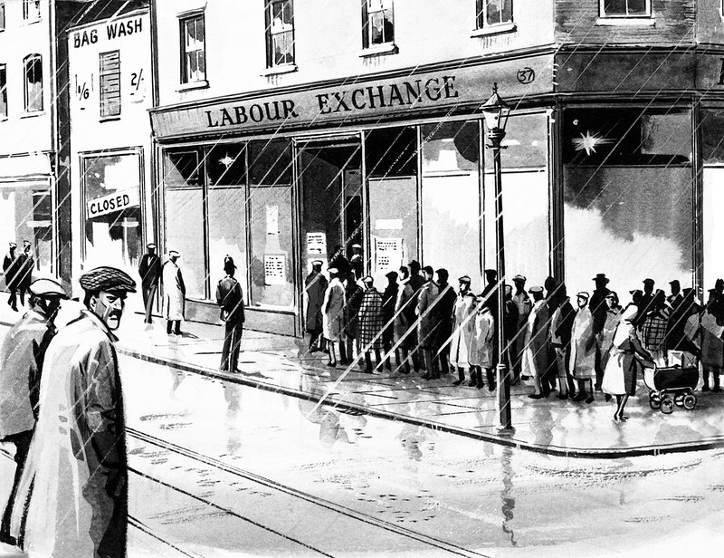 Arbeidsbørs i Storbritannia ni måneder etter Wall Street-krakket i 1929 av English School