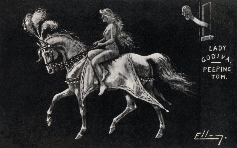 Lady Godiva rir naken på hesteryggen gjennom gatene i Coventry, overvåket av en Peeping Tom (litho) av English School