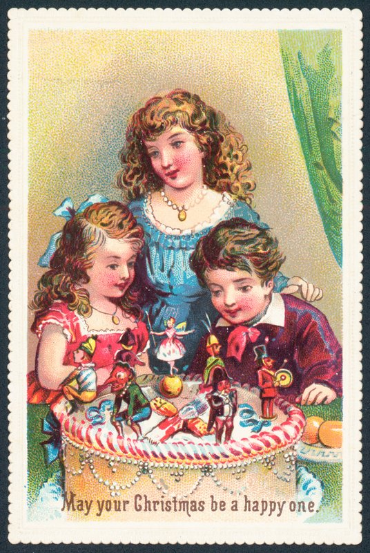 Dame og barn som beundrer julekake, julekort av English School