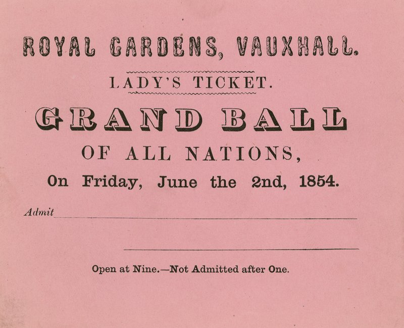Ladys-billett, Vauxhall Gardens, London, for 2. juni 1854 av English School