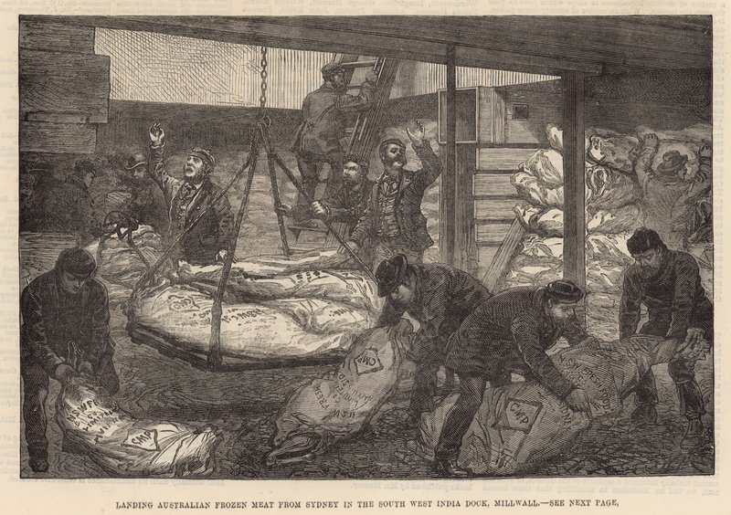 Lander australsk frossent kjøtt i South West India Dock, Millwall av English School
