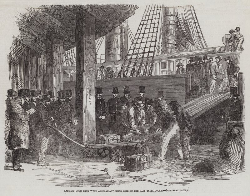 Lander gull fra "The Australian" Steam-Ship, i East India Docks (gravering) av English School