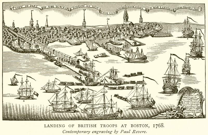 Landing av britiske tropper i Boston, 1768 av English School