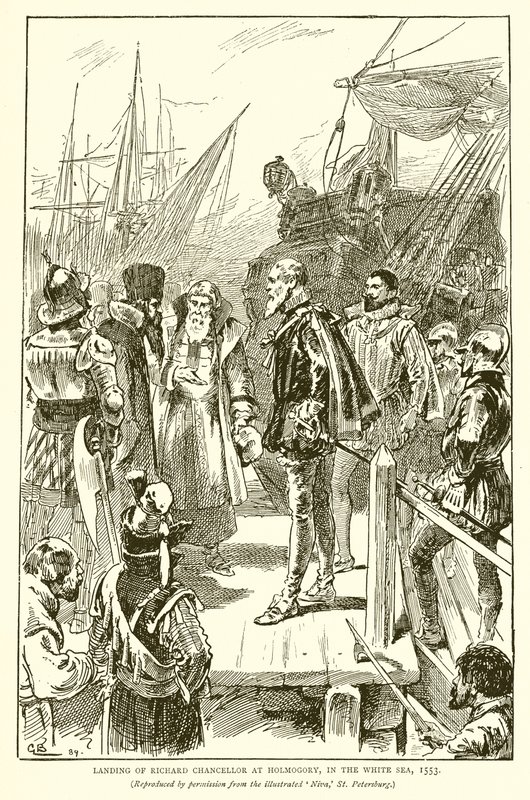 Landing av Richard Chancellor ved Holmogory, i Hvitehavet, 1553 av English School