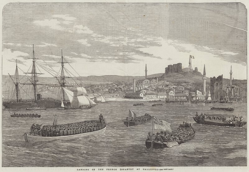 Landing av det franske infanteriet ved Gallipoli (gravering) av English School
