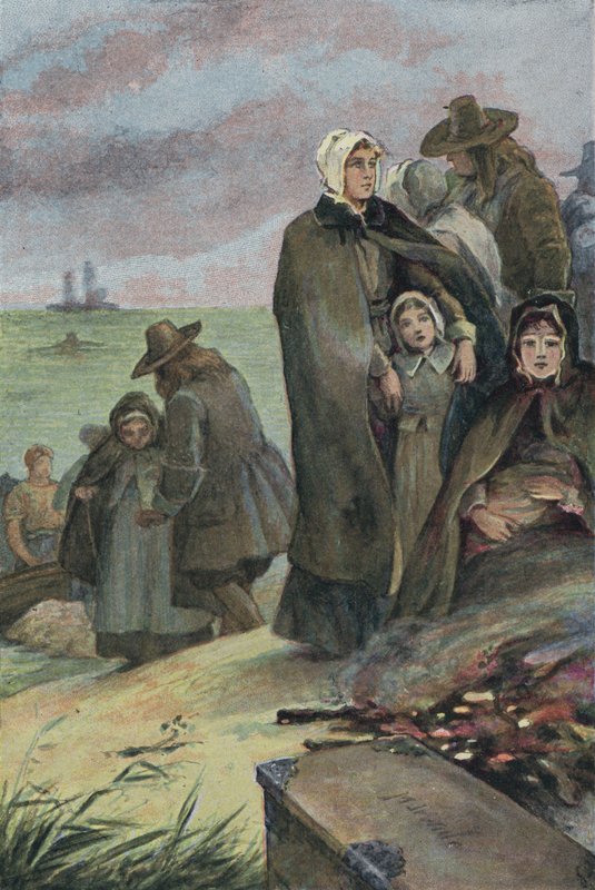 Pilgrimsfedrenes landgang i Amerika etter deres reise om bord på Mayflower, 1620 av English School