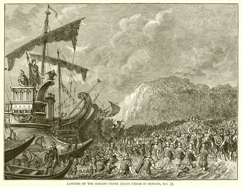 Landing av romerne under Julius Caesar i Storbritannia, f.Kr. 55 av English School