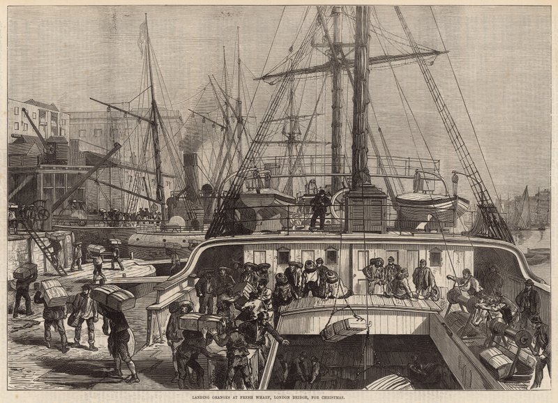 Lander appelsiner ved Fresh Wharf, London Bridge, til jul av English School