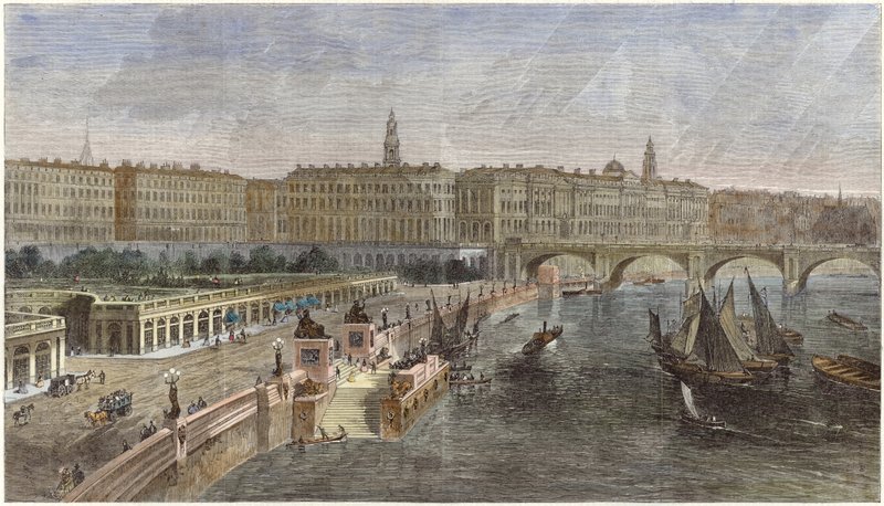 Landingstrapper og prydhager mellom Hungerford og Waterloo Bridges av English School