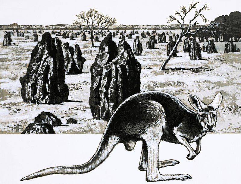 Store termitthauger nær Darwin, Australia, og en kenguru i forgrunnen av English School