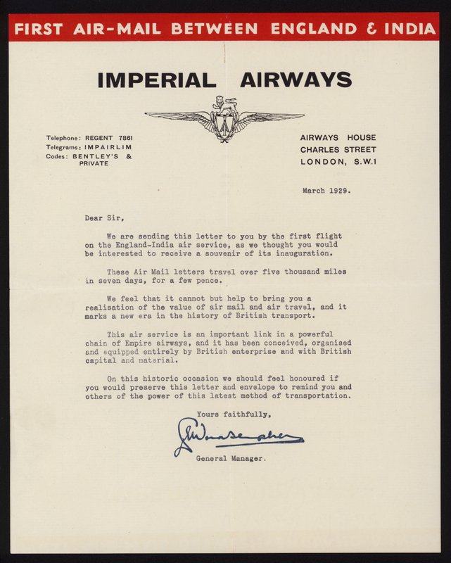Lansering av den første luftposttjenesten mellom England og India av Imperial Airways i mars 1929 (litho) av English School