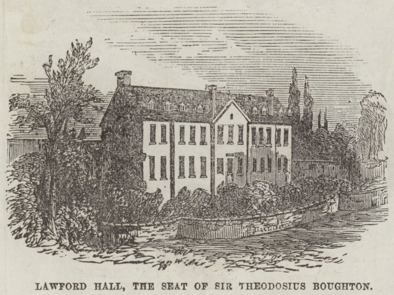 Lawford Hall, setet til Sir Theodosius Boughton (gravering) av English School