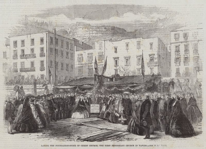 Legger grunnsteinen til Christ Church, den første protestantiske kirken i Napoli (gravering) av English School