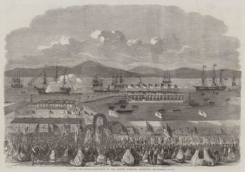 Legger grunnsteinen til Albert Harbour, Greenock (gravering) av English School